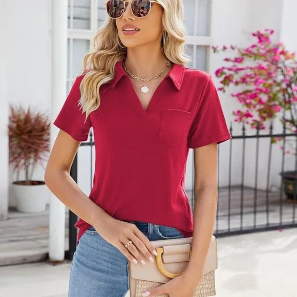 Women's L Red Polo Shirt Collared Work Top Short Sleeve Business Casual Dressy B - Picture 5 of 5